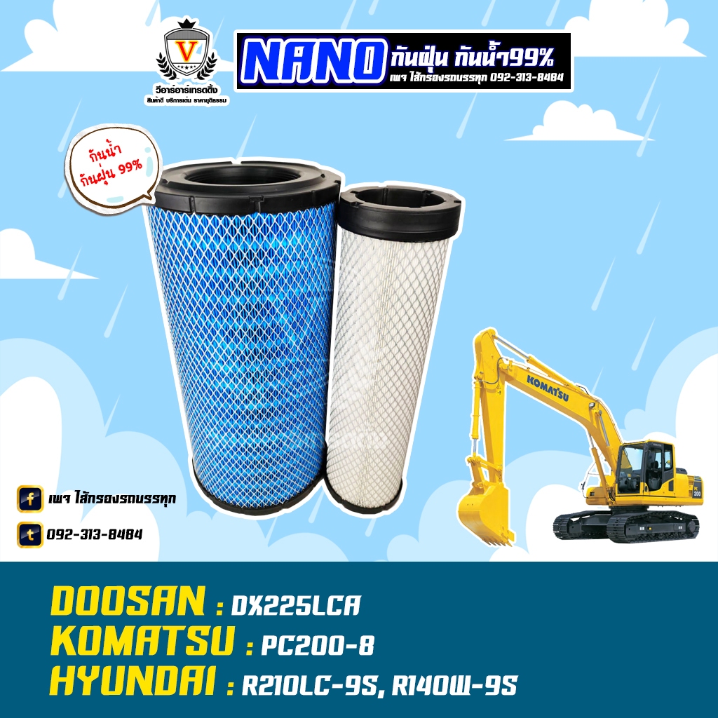 ไส้กรองอากาศ นาโนกันน้ำ แบคโฮดูซาน DOOSAN DX225LCA KOMATSU PC200-8 HYUNDAI  R210LC-9S, R140W-9S, 600