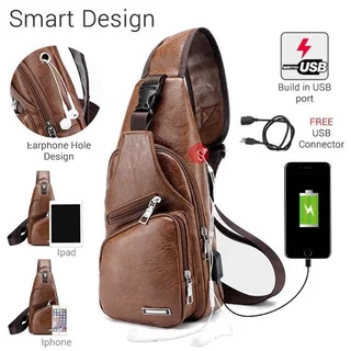 กระเป๋าสะพายหนังผู้ชายกระเป๋า กระเป๋าหน้าอก USB ชาร์จหลุมหูฟังภายนอก PU Leather Men Bag