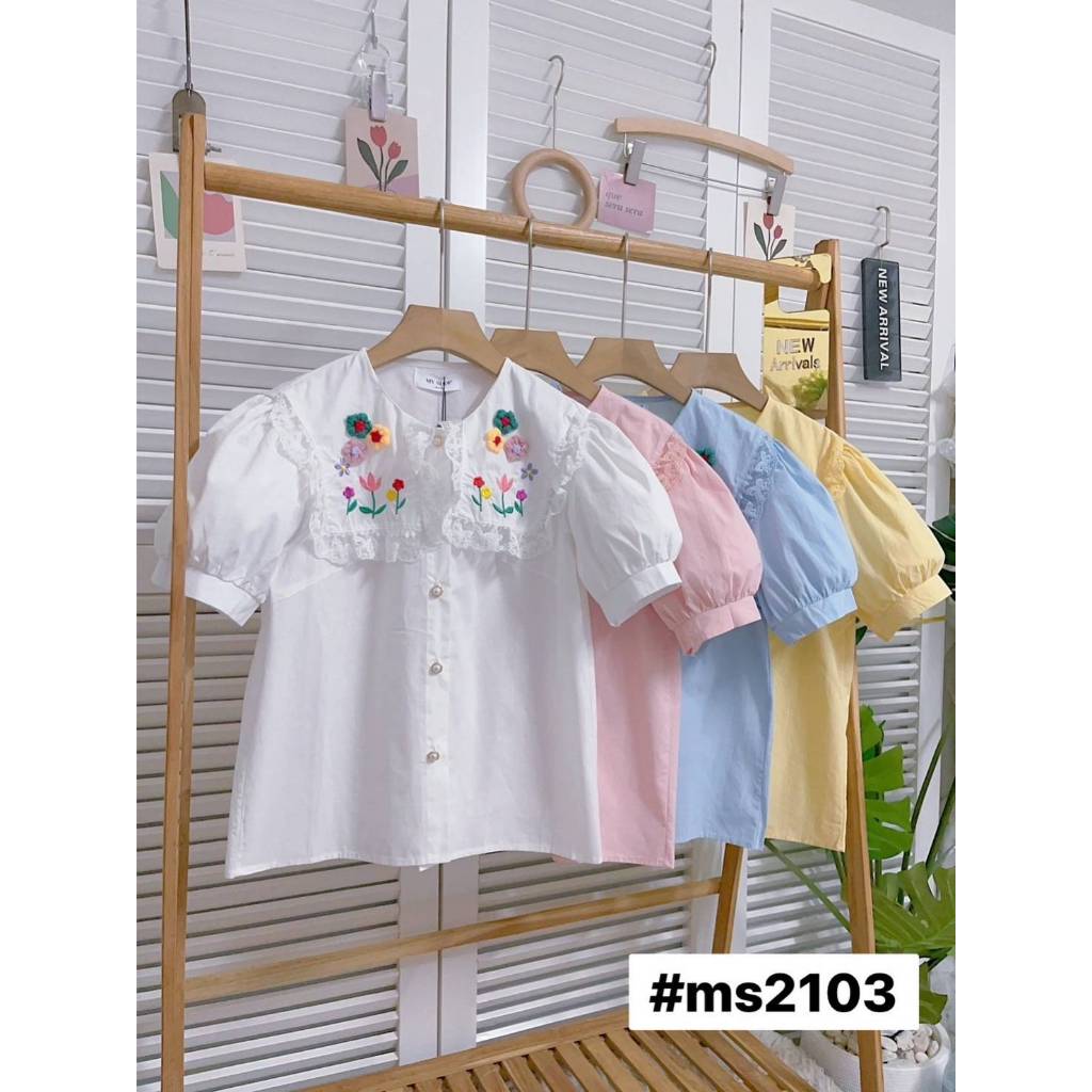 My Shop เสื้อแขนสั้น แต่งลูกไม้ระบายรอบคอ ปักลายดอก อก 32-38 ยาว 23