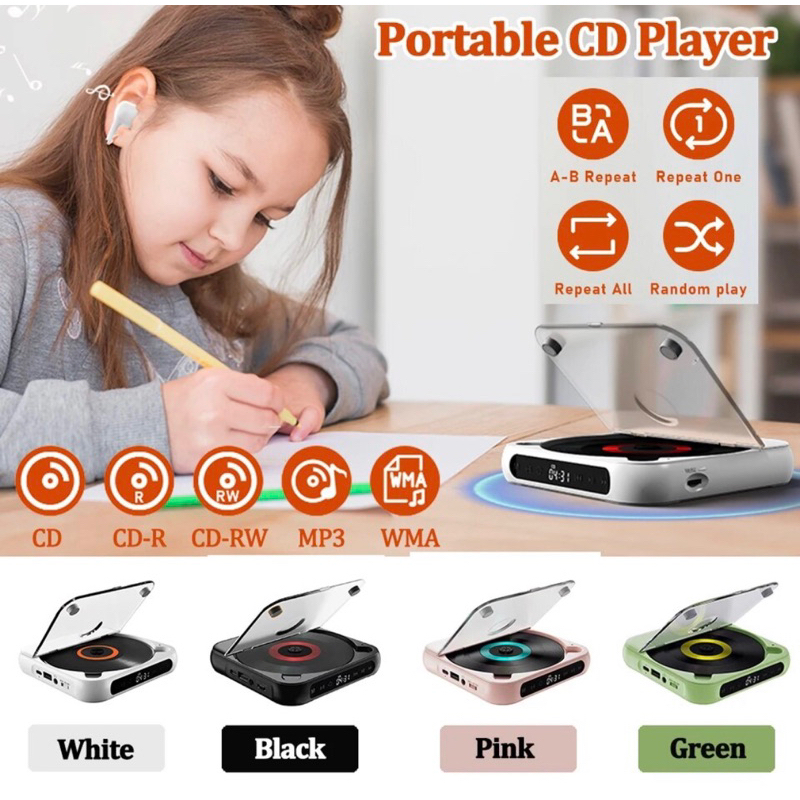 เครื่องเล่นCDPlayer KC918 พกพาระบบบลูทูธพร้อมแบตเตอรี่แบบชาร์จไฟได้สำหรับรถยนต์และเดินทางพร้อมหน้าจอสัมผัส LCDและหูฟัง