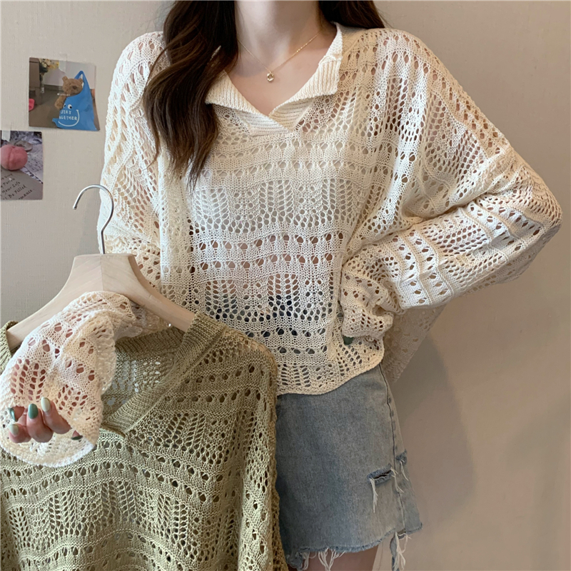 เสื้อกเชิ้ตถักไหมพรม เสื้อคอปก งานฉลุ ฉลุอก ทรงคิวท์ๆ #22135