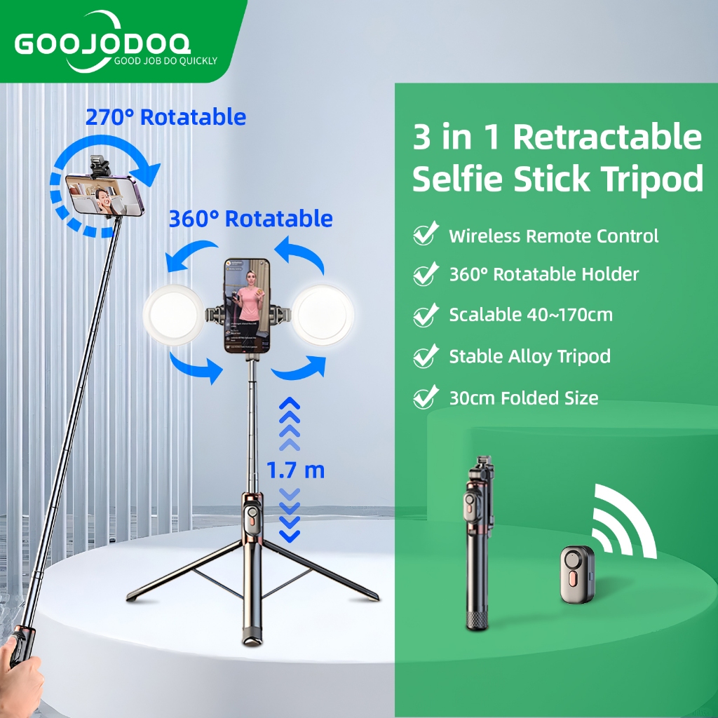 GOOJODOQ ไม้เซลฟี่สติกทริปอินกร์ พร้อม Bluetooth สเตลสสตีล 1.7 เมตร ไฟเติมสำหรับโทรศัพท์มือถือ