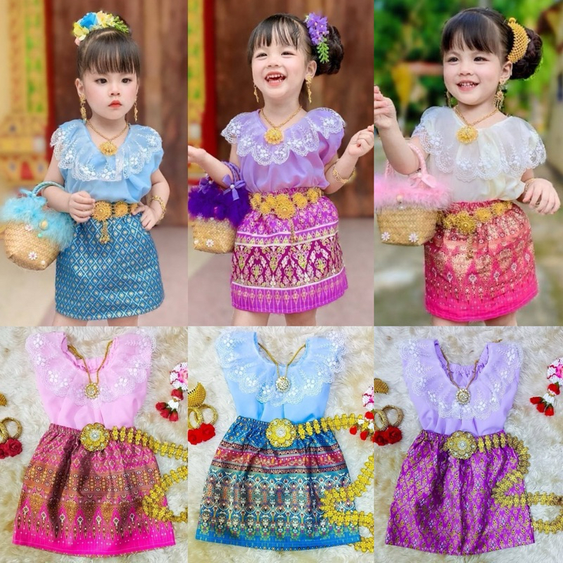 ชุดไทยเด็กหญิง1-6ปี คอระบายกระโปรงสั้น