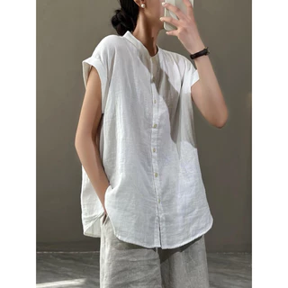 เสื้อคอจีนแขนสั้น - พับแขน เสื้อสไตล์ญี่ปุ่น มูจิ มินิมอล ผ้าสาลู 2 ชั้น by Herbiestyle