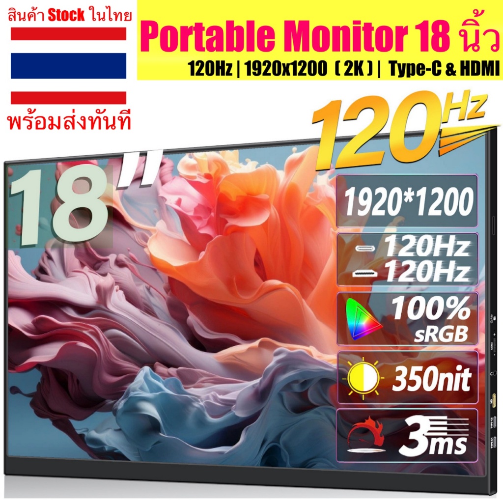 จอแสดงผล 18 นิ้ว 120Hz IPS ความละเอียด 1920x1200 เชื่อมต่อ HDMI, USB-C มีลำโพงในตัว Portable Monitor สำหรับพกพา จอเสริม