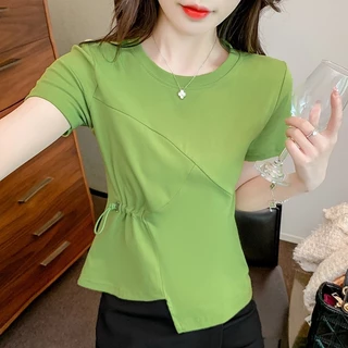 ps-รุ่น-355เสื้อยืดแขนสั้นคอกลมเอวข้างแต่งเชื่อกดึงได้มาใหม่ สุดฮิตสไตล์เกาหลี ผ้านุ่มสวมใส่สบาย พร้อมส่ง