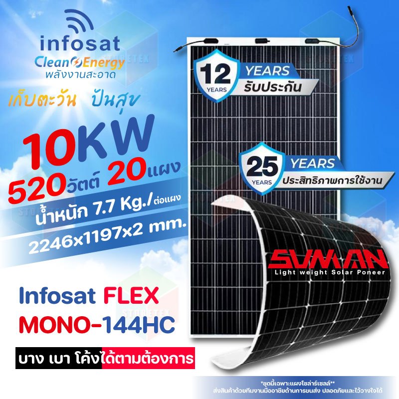 Infosat Solar Panel ชุดแผงโซลาร์เซลล์ 10KW แบบยืดหยุ่นได้ Flexible Solar 520W 20แผง