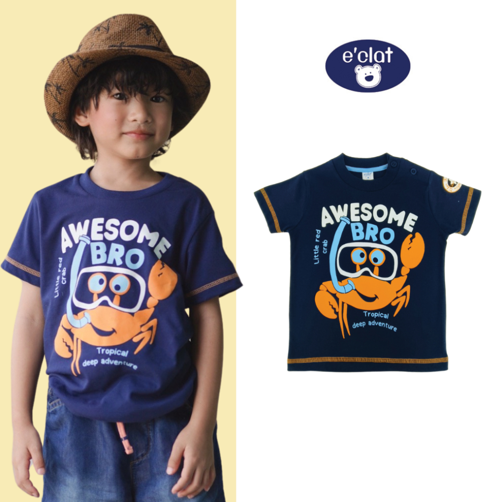 E'clat เสื้อเด็กผู้ชายคอกลม พิมพ์ลายด้านหน้าและเเขน มีกระดุมไหล่เฉพาะไซส์ 12M-2Y ผ้ายืดเนื้อนิ่ม7981