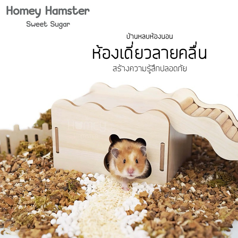 Homey Hamster บ้านหลบแฮมสเตอร์ Sweet Sugar ของแต่งกรง บ้านไม้ บันได กล่องขุด niteangel อาหารh1 รองกร