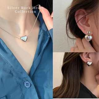 MNL💗ต่างหูหัวใจสีเงิน Silver Rock Heart แบบแป้น เครื่องประดับแฟชั่น เงินแท้ ผู้หญิง ใส่ออกงาน ใส่เที่ยว ของขวัญ