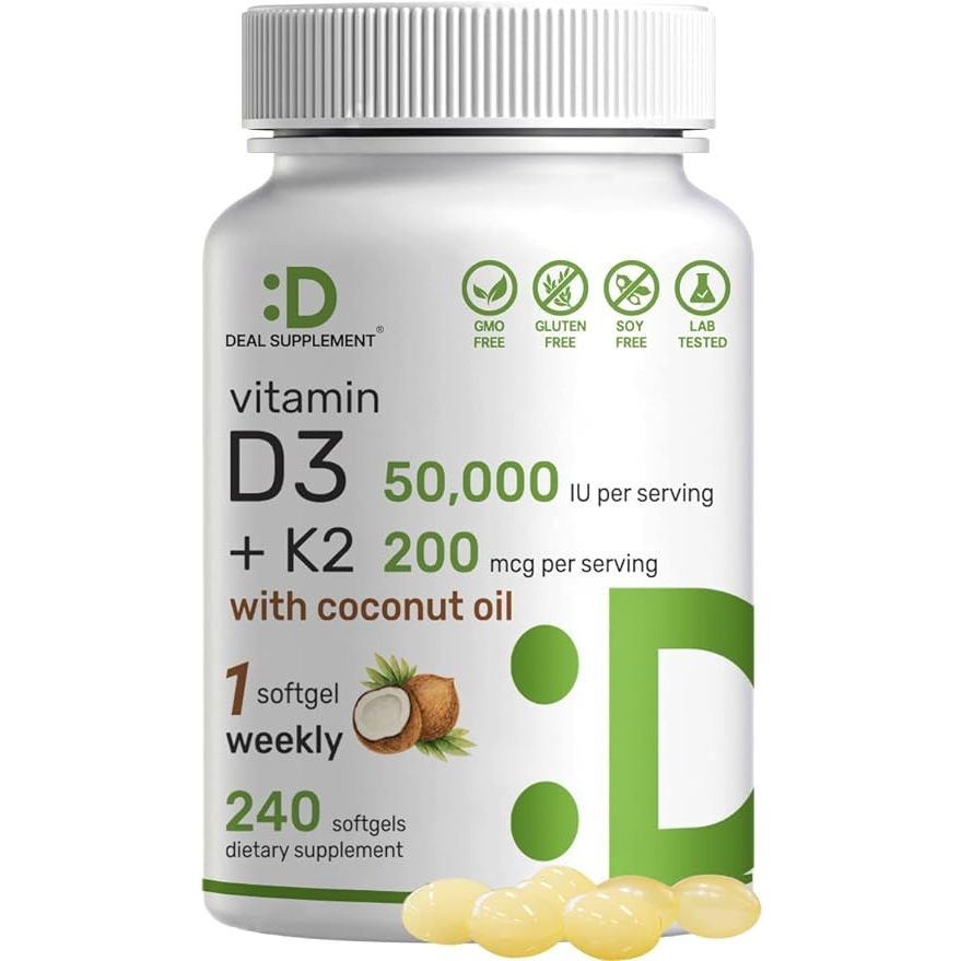 DEAL SUPPLEMENT Vitamin D3 50,000 IU + K2 MK7 200 mcg Virgin Coconut Oil ,240 Softgels (V.3537)