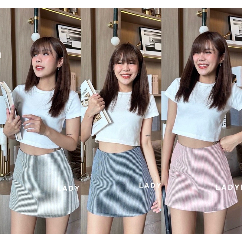Ln4🌈กางเกงกระโปรง ลายริ้ว JEANS SKIRT ทรงสวย ผ้ายีนส์ เอวสูง ซิบข้าง