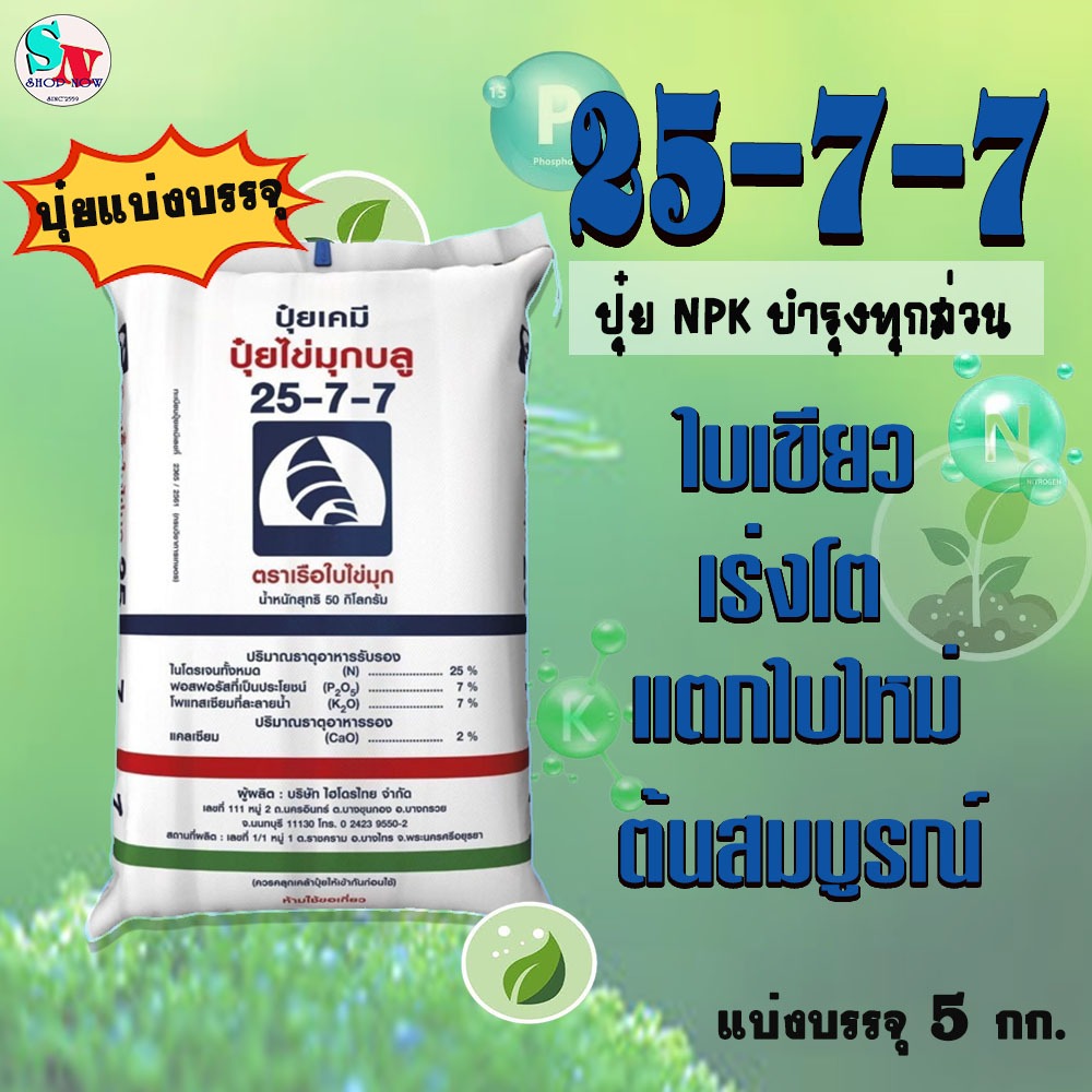 25-7-7 เรือใบ ไข่มุก แบ่งบรรจุ 5 Kg. ปุ๋ยNPK ธาตุอาหารครบ ไนโตรเจนสูง เร่งการเจริญเติบโต ใบเขียว ต้นแข็งแรง +แคลเซียม 2%
