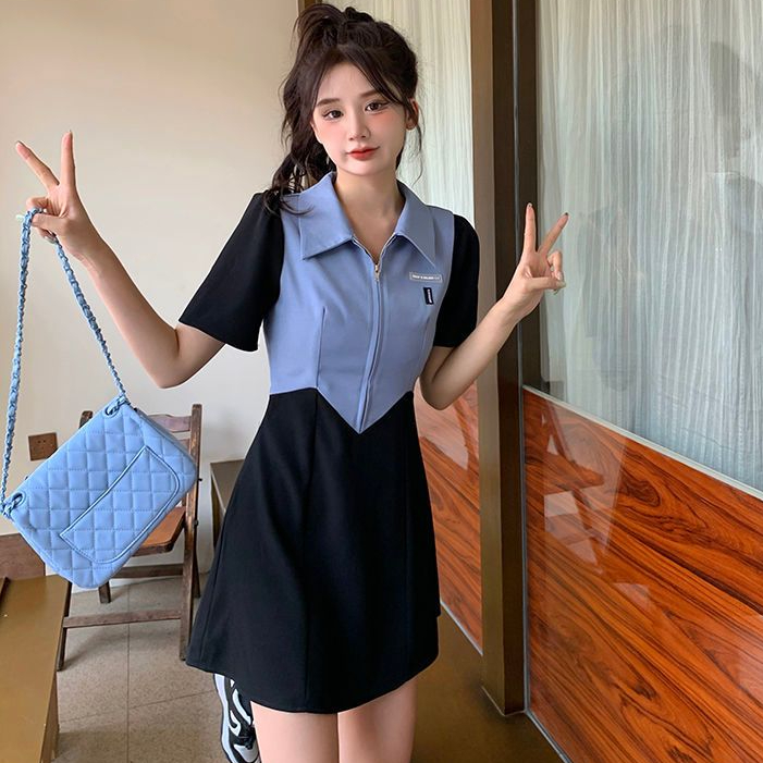 ชุดเดรสสีสำหรับผู้หญิง,เอวผอม,ชุดแขนสั้น