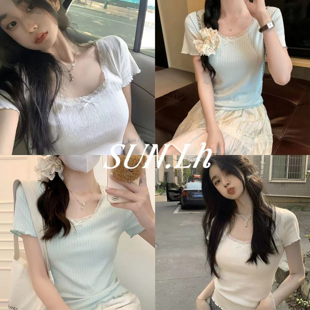 SUN🛍️จัดส่งที่รวดเร็ว🛒เสื้อยืดน่ารักสไตล์เกาหลีแบบใหม่💗เสื้อยืดลูกไม้สีขาวฤดู