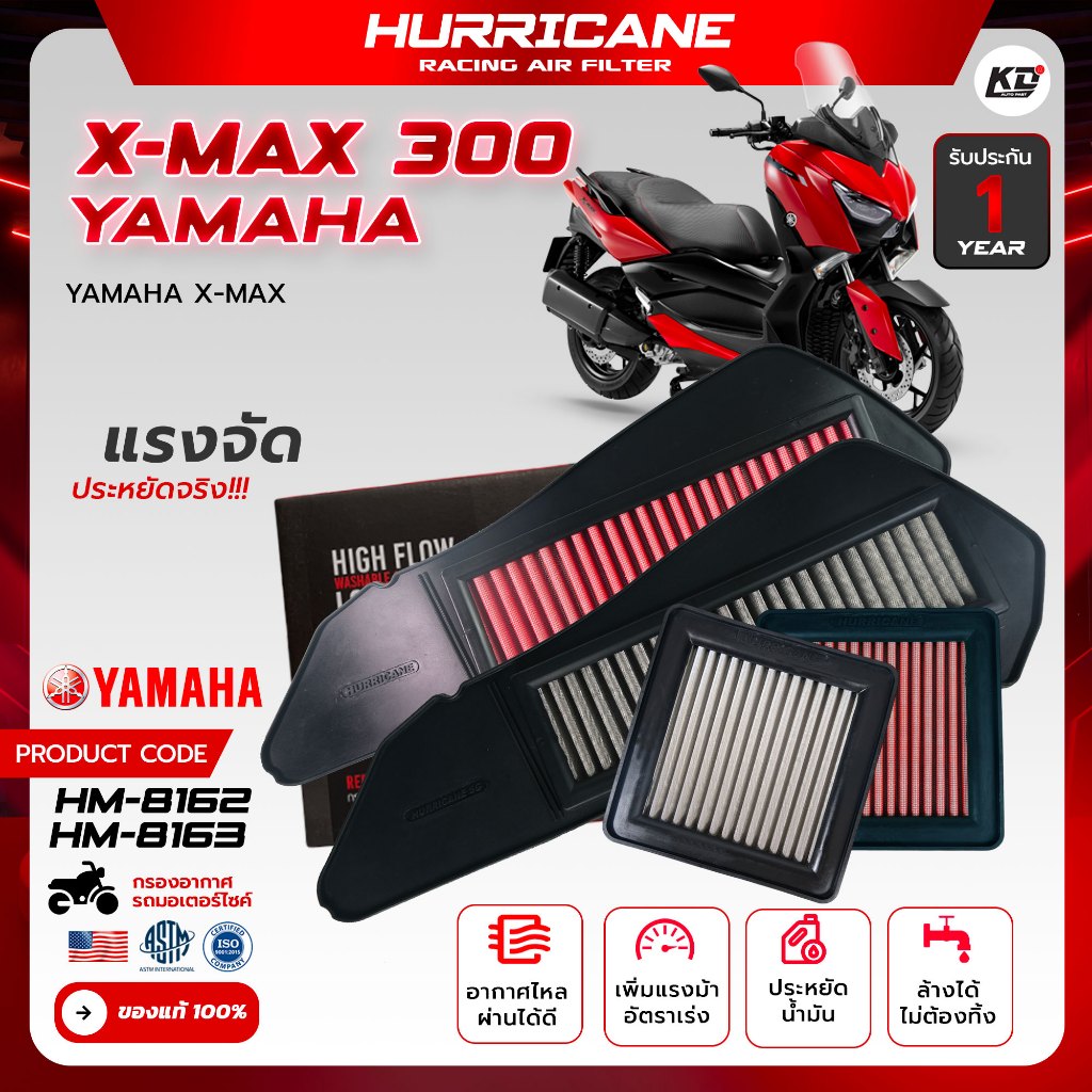 เฮอร์ริเคน HURRICANE แท้ 100% กรองอากาศ ล้างได้ เพิ่มอัตราเร่ง ยามาฮ่า YAMAHA XMAX 300 HM-8162-8163