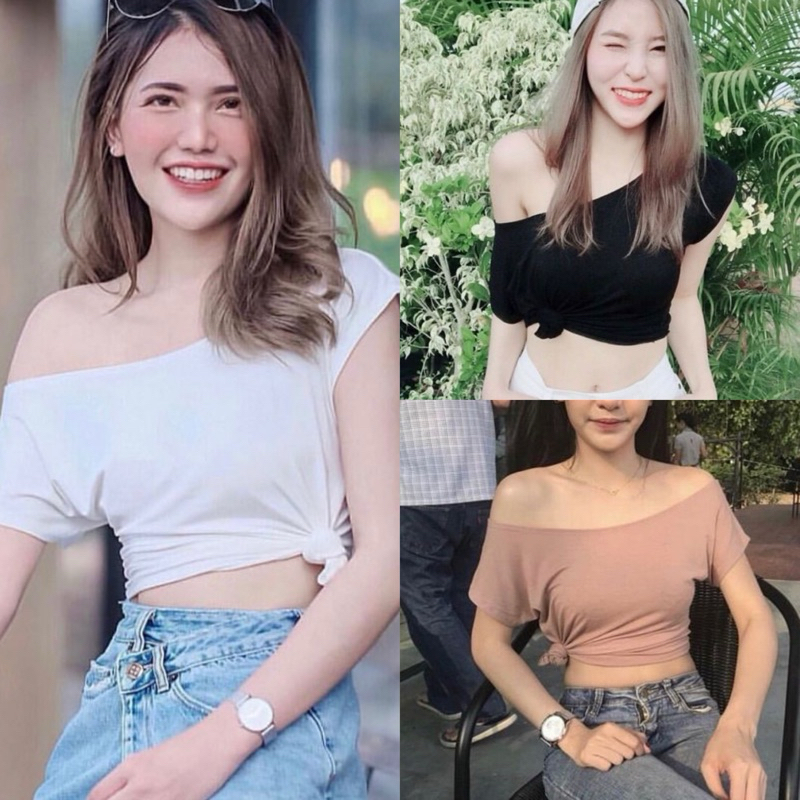 aimorn_shop เสื้อครอปแขนสั้น คอกว้างทรงปาด เนื้อผ้านิ่ม ใส่ได้2แบบ งานใส่น่ารักมากก