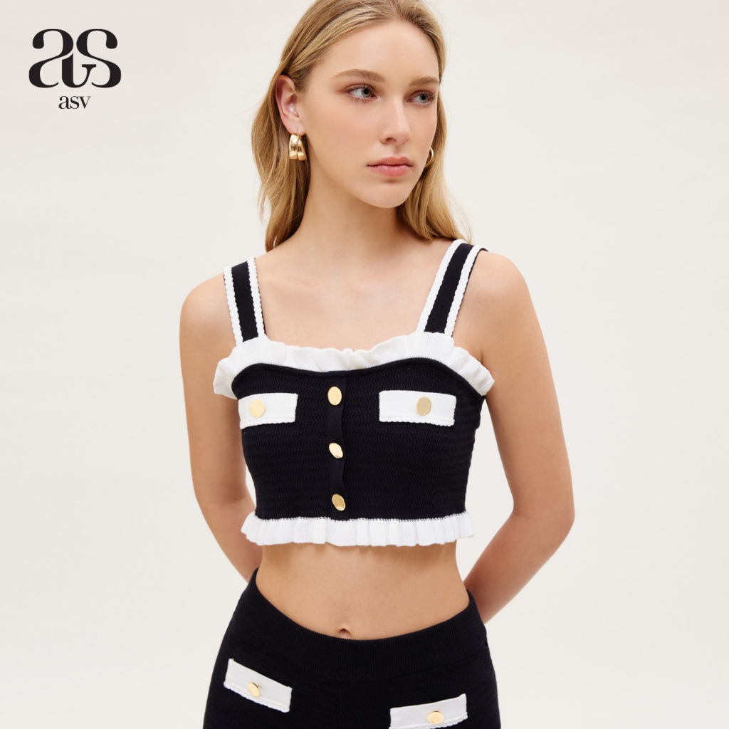 [asv ss24] Valerie Knitted Bra Top เสื้อกล้ามผู้หญิง แขนกุด ทรงครอปสั้น ตกแต่งขอบระบายที่สายและชายเสื้อ แต่งกระเป๋าหน้า