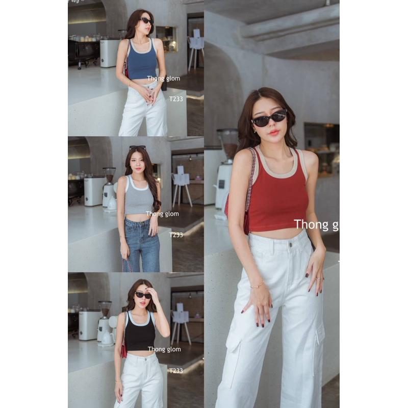 T233 เสื้อกล้ามครอป ดีเทลทูโทนแต่งสี