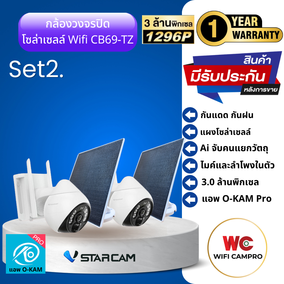 โปร 2 กล้องวงจรปิด WiFi โซล่าเซลล์ CB69-TZ หมุนได้ กันแดดกันฝน