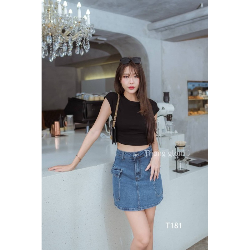 (T181) เสื้อครอปแขนล้ำ ผ้ายูนิโคล่เนื้อดีใส่สบายอยู่ทรงสวย