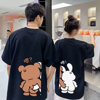 เสื้อยืดคู่รัก💖หมีและกระต่ายบีบก้น💖ผ้าคอตตอน100%💖S-3XL เสิ้อคู่ ชุดเสื้อยืด