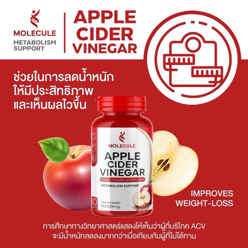 MOLECULE APPLE CIDER VINEGAR  1 กระปุก 30 แคปซูล 18,000 mg.แอปเปิ้ลไซเดอร์ วีเนก้าร์ ลดความอยากอาหาร แบบเม็ดทานง่าย