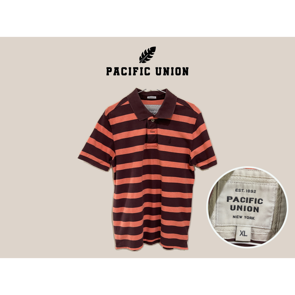 เสื้อโปโล Pacific Union ลายขวางสีส้ม-แดงเลือดหมู