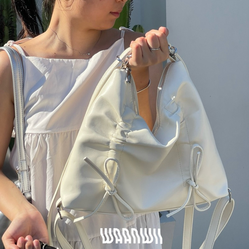 🎀Bowies  Bags🎀 กระเป๋าหนัง PU ใบใหญ่ จุของได้เยอะสะพายได้หลายแบบมีโบว์รูดตกแต่ง