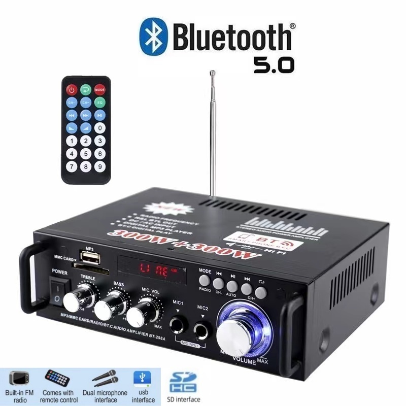 เครื่องขยายเสียง COD 12V220V 600W ไร้สายบลูทูธวิทยุ FM ในตัวการ์ด USB แฟลชไดรฟ์ไฮไฟ BT-298A