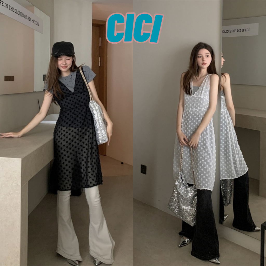 Cici(NO.H9369)เดรสยาวซีทรูคอวี ลายดอกไม้ แบบบาง สไตล์เกาลี ลุคลูกคุณหนูโคเรีย