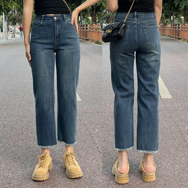 GHAOHESกางเกงยีนส์ขาตรงเอวสูงย้อนยุคสีน้ำเงินยึดหยุ่น ขา9ส่วน คลุมสะโพก รุ่นใหม่สำหรับตัวสาวอ้วนน้อย