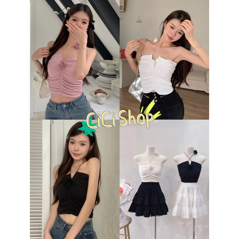 Cicishop(H900)เสื้อเกาะอกคล้องคอ ดีเทลจั๊มหน้า สไตล์ตัวมัมฝรั่งเศษ