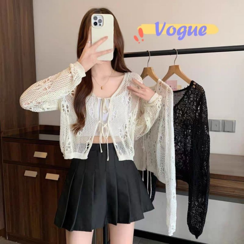 Vogue พร้อมส่ง เสื้อคาร์ดิแกนแขนยาวสีใส แขนยาวบางซีทรู สามารถใช้เป็นเสื้อกันแดดได้ (31056)
