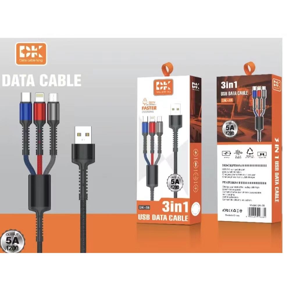 DK-38 5A ชาร์จเร็ว สายถัก3 ใน 1สายชาร์จโทรศัพท์มือถือ สายถัก ใช้ได้ 3 หัว 3 in1 USB สำหรับ for L/Micro USB/Type C