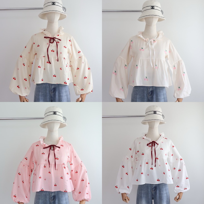 Khun studio เสื้อแขนยาว คอระบายผูกโบว์หน้า