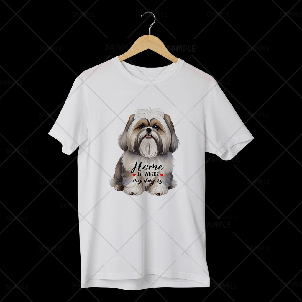 เสื้อลายหมา เสื้อยืดสไตล์ญี่ปุ่น เสื้อยืดพิมพ์ลายหมา คอกลม Home is where my dog is TDGAJ54 Lhasa Aps