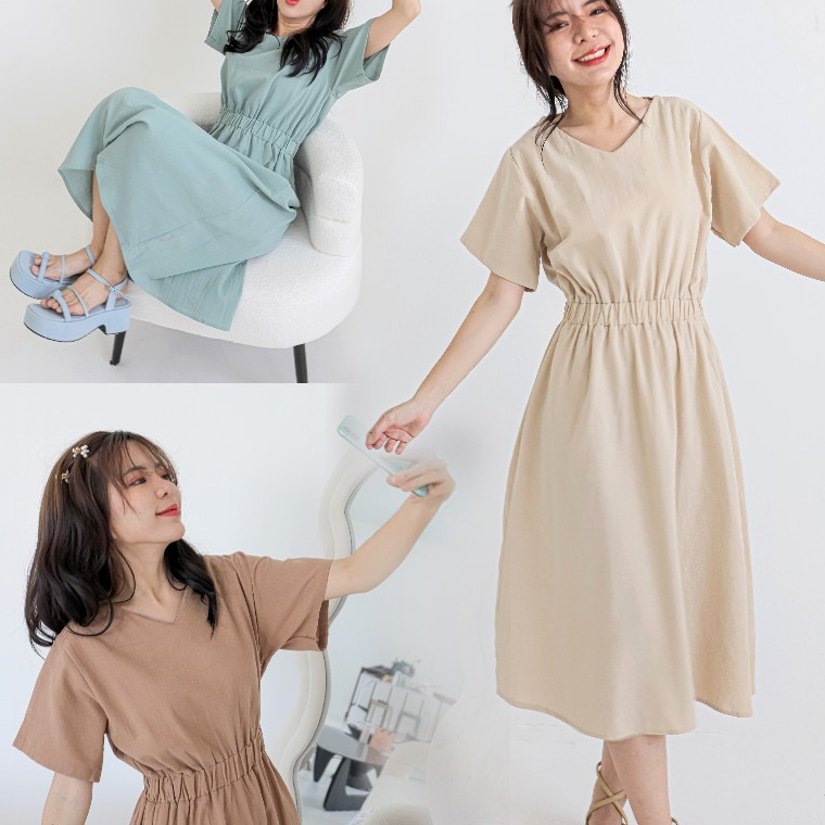 DANMUGI Rimgun Dress เดรสเกาหลี ผ้าลินิน แฟชั่นเกาหลี เดรสมินิมอล เอวยางยืด คอวี เดรส