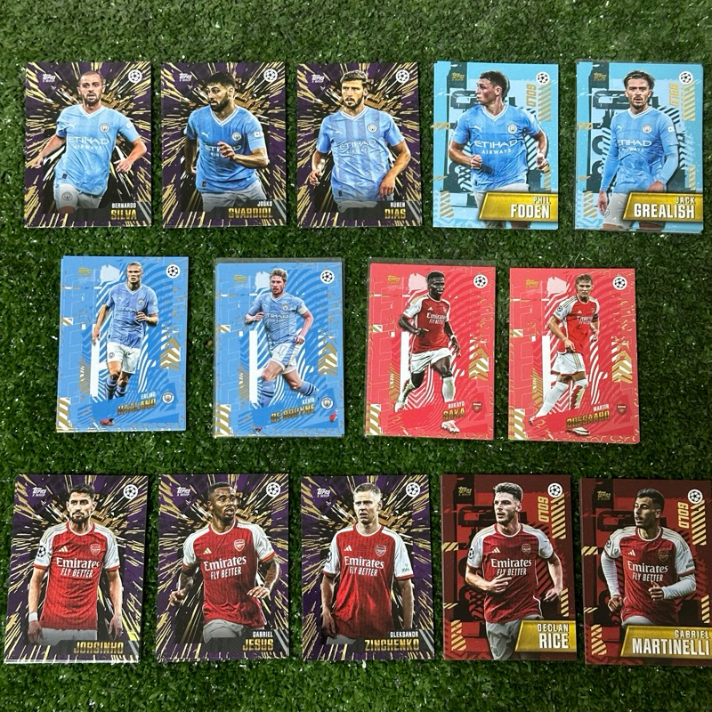 การ์ดสะสมฟุตบอลปีล่าสุด 2023-24 กล่อง Topps Gold  ชุด รวมทีม อาเซน่อลและแมนซิตี้ ลิขสิทธิ์แท้