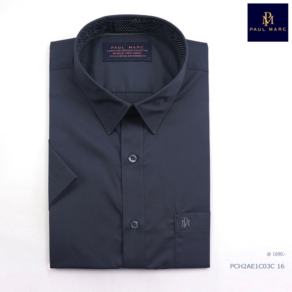 PAUL MARC เสื้อเชิ้ตแขนสั้นสีพื้นเทาเข้ม Signature Twill Slim Fit ผ้านุ่ม รีดง่ายยับยาก  PCH2AE1C03C – โปรปัง