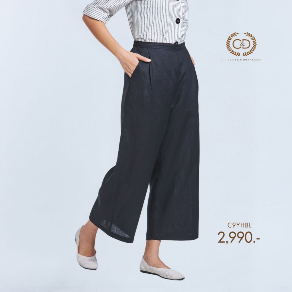 C&D กางเกง ขายาว ผ้าลินิน พรีเมี่ยม ขายาว ทรงตรง สีดำ (C9YHBL)