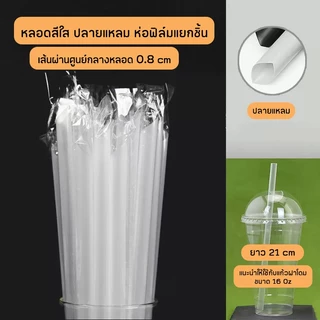 [ไม่ใช่หลอดไข่มุก] หลอดดูดน้ำตรงปลายแหลมสีใส ห่อฟิล์มใสแยกชิ้น ขนาด 0.8 cm