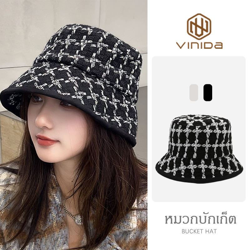 28 หมวกถักบักเก็ตแฟชั่นสไตล์เกาหลี ผ้าทวีตลายสก๊อต พกพาสะดวก สามารถปรับขนาดหมวกได้ สินค้าพร้อมส่ง