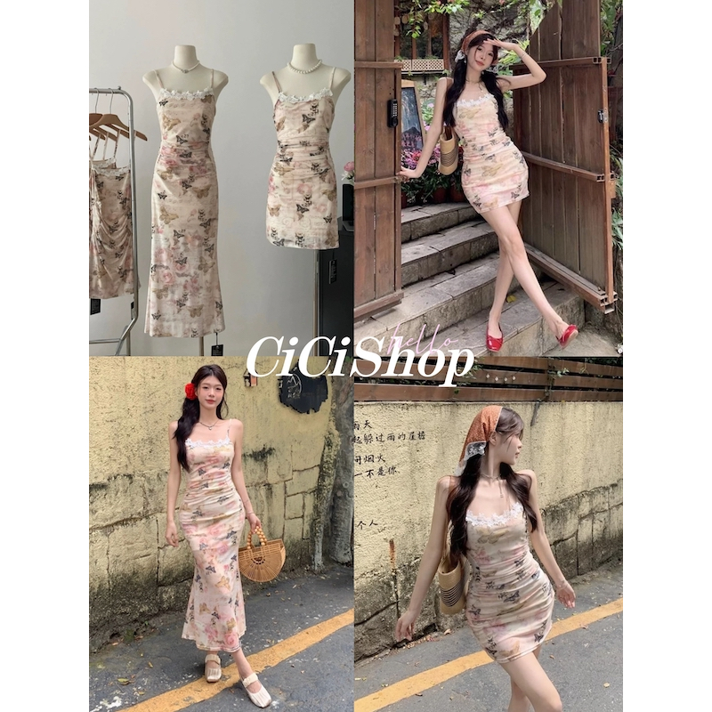 Cicishop(D0218/D0219)เดรสสายเดี่ยวสั้น/ยาวลายดอกไม้ผ้าชีฟอง มีซับใน ดีเทลลูกค้าไม้ตรงอก สไตล์ฝั่งเศษ