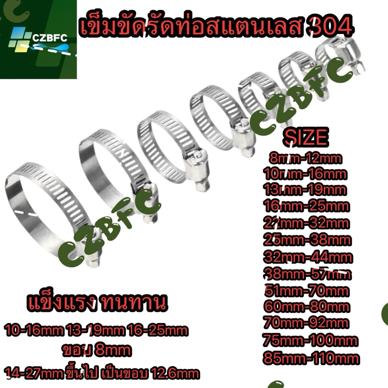 เหล็กรัด เข็มขัดรัดท่อ แคมป์รัดสแตนเลส แบบปรับขนาดได้ ขนาด (8mm-110mm)