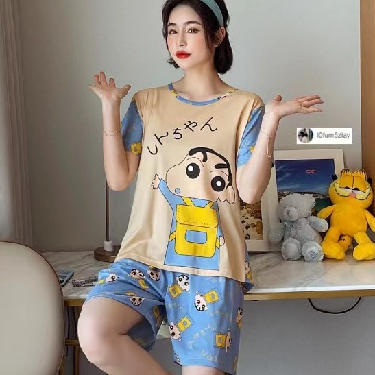 M-5XL(ราคาถูกที่สุด) ชุดนอน 2 ชิ้น，ชุดนอนลายการ์ตูน， ผ้าฝ้าย， หลากหลายรูปแบบ， ขาสั้น+เสื้อยืด