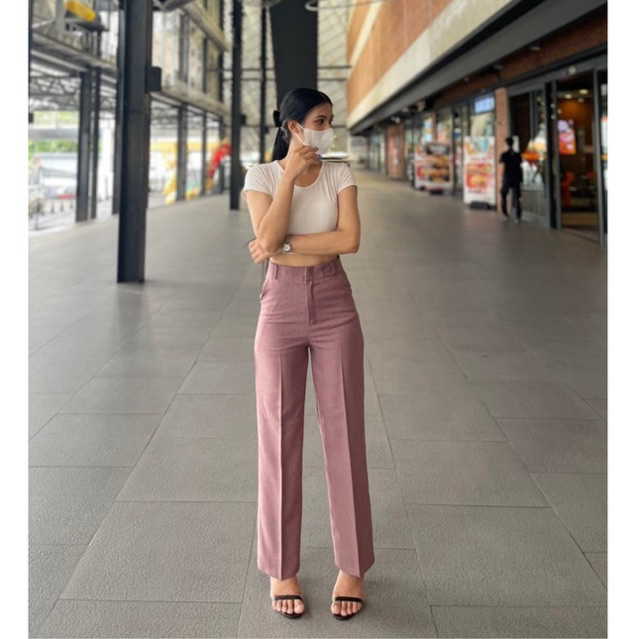 กางเกงขายาวทรงขากระบอกเล็ก ผ้าโซดา (มีลายในตัว) เอวสูง ปิดสะดือ พรางหุ่น ตะขอหน้า แต่งหูเข็มขัด (สีดำไม่มีลาย) - รูปที่ 5