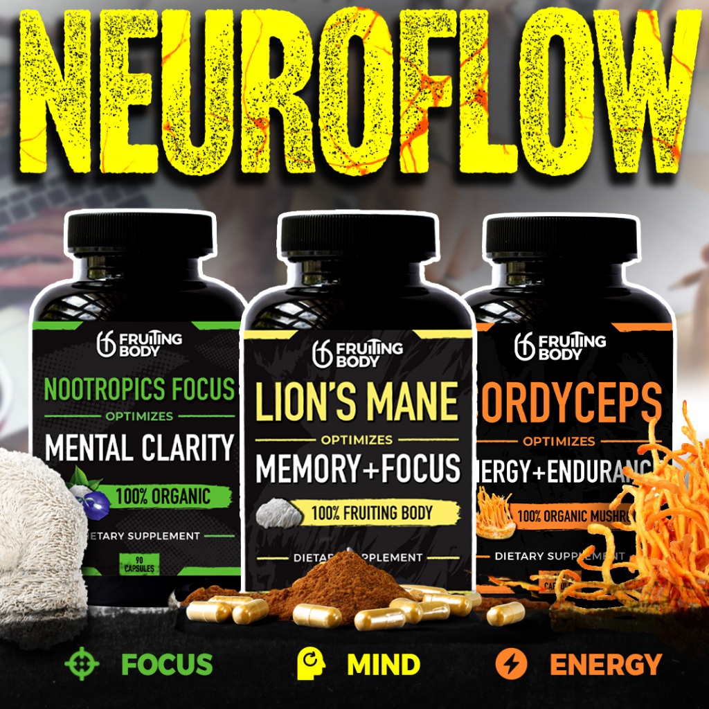 Mushroom NeuroFlow Combo แพ็คสุดคุ้ม (3 ขวด) – เห็ดหลินจือสิงโต ถั่งเช่า และนูโทรปิกส์ โฟกัส – สำหรับใช้ประจำวัน