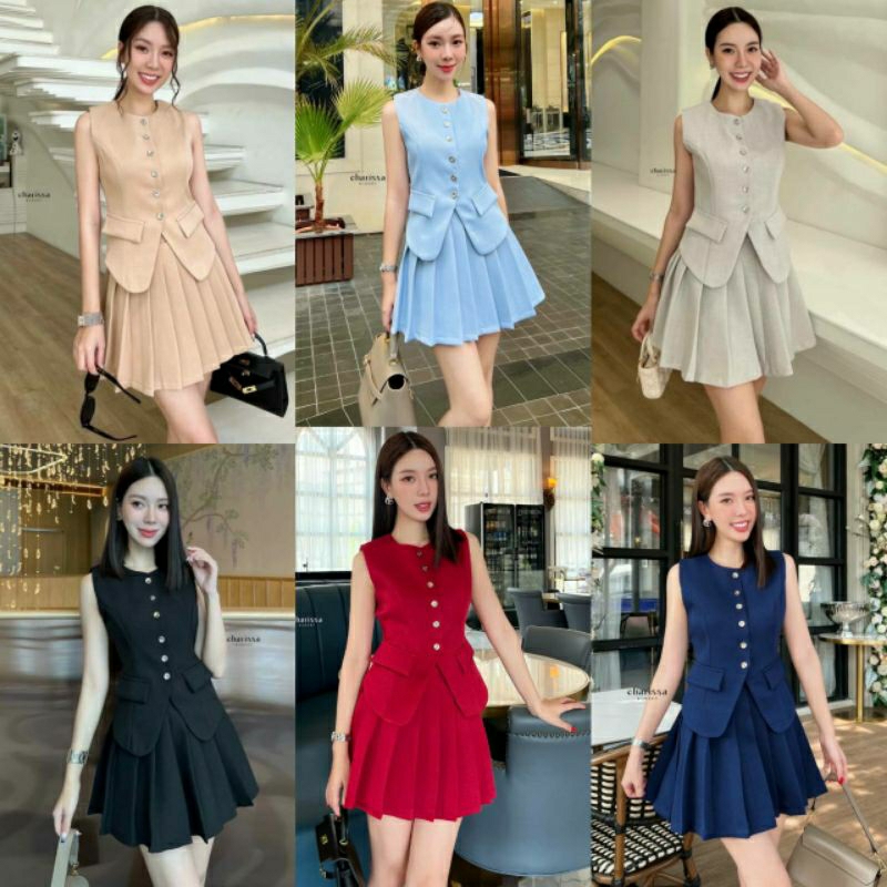 (S-L)  CHARISSA📣พร้อมส่งเซ็ตเสื้อคอกลมแขนกุดแต่งกระดุม+กระโปรงจีบซับในเป็นกระโปรง