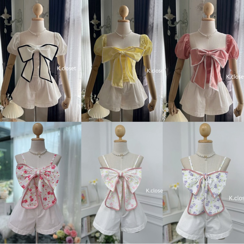 T050-เสื้อแขนตุ๊กตา แต่งโบว์หน้าตัดขอบทูโทน